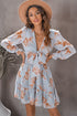 Lantern Sleeve Deep V Neck Knotted Tiered Mini Dress